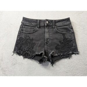 American Eagle Hi-Rise Shortie Black Lace Applique Denim Shorts Size 2 Stretch